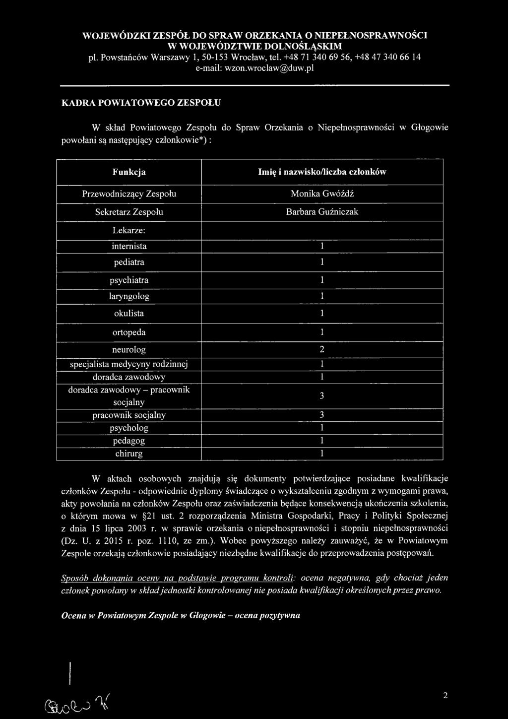 1 doradca zawodowy - pracownik socjalny pracownik socjalny 3 psycholog 1 pedagog 1 chirurg 1 3 W aktach osobowych znajdują się dokumenty potwierdzające posiadane kwalifikacje członków Zespołu -