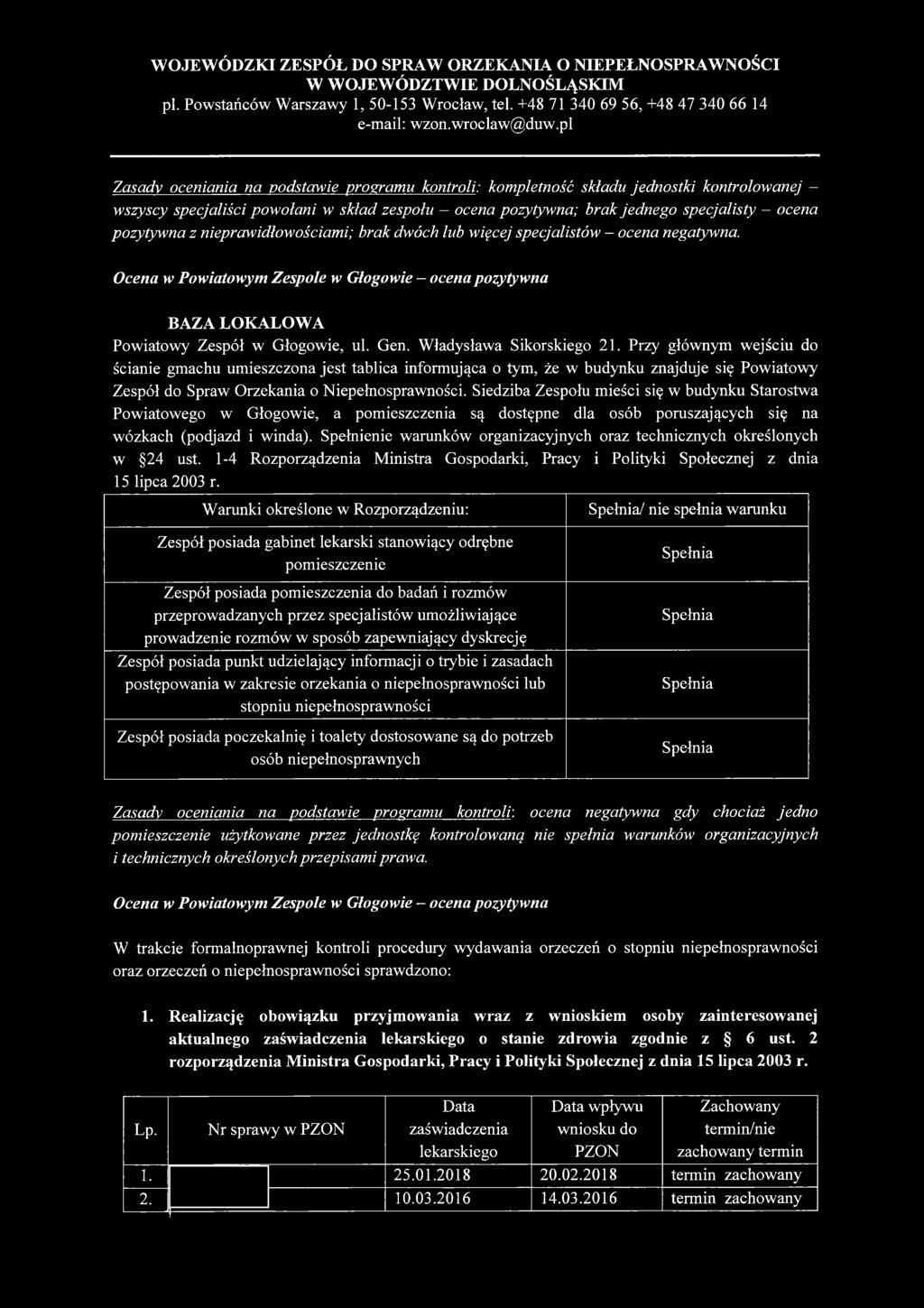Władysława Sikorskiego 21. Przy głównym wejściu do ścianie gmachu umieszczona jest tablica informująca o tym, że w budynku znajduje się Powiatowy Zespół do Spraw Orzekania o Niepełnosprawności.
