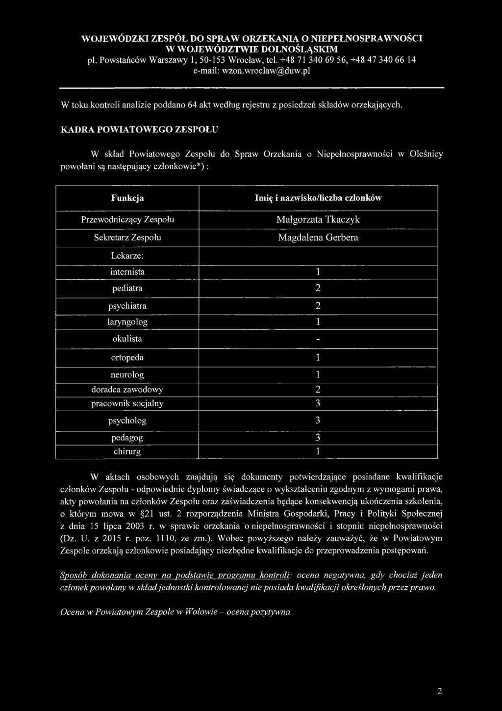 nazwisko/liczba członków M ałgorzata Tkaczyk M agdalena Gerbera Lekarze: internista 1 pediatra 2 psychiatra 2 laryngolog 1 okulista - ortopeda 1 neurolog 1 doradca zawodowy 2 pracownik socjalny 3