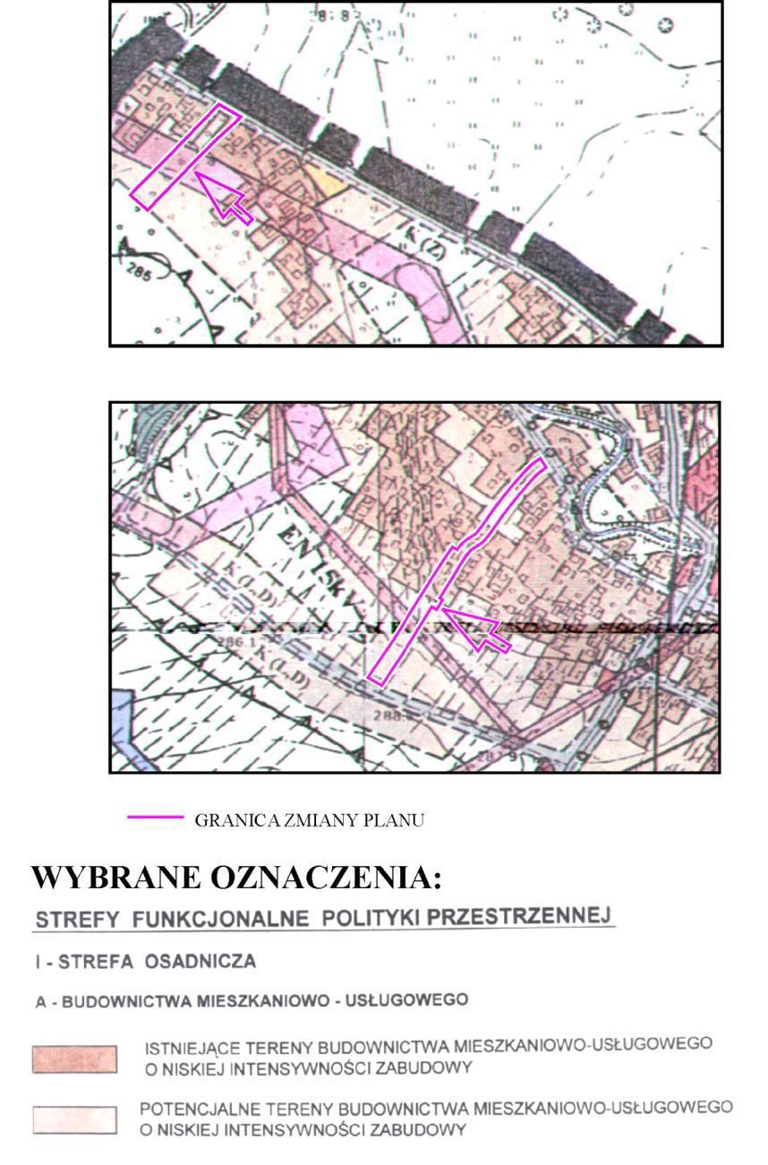 obszary zmiany planu zlokalizowane są w strefie osadniczej A BUDOWNICTWA MIESZKANIOWO USŁUGOWEGO jako istniejące i potencjalne tereny budownictwa mieszkaniowo-usługowego o niskiej intensywności