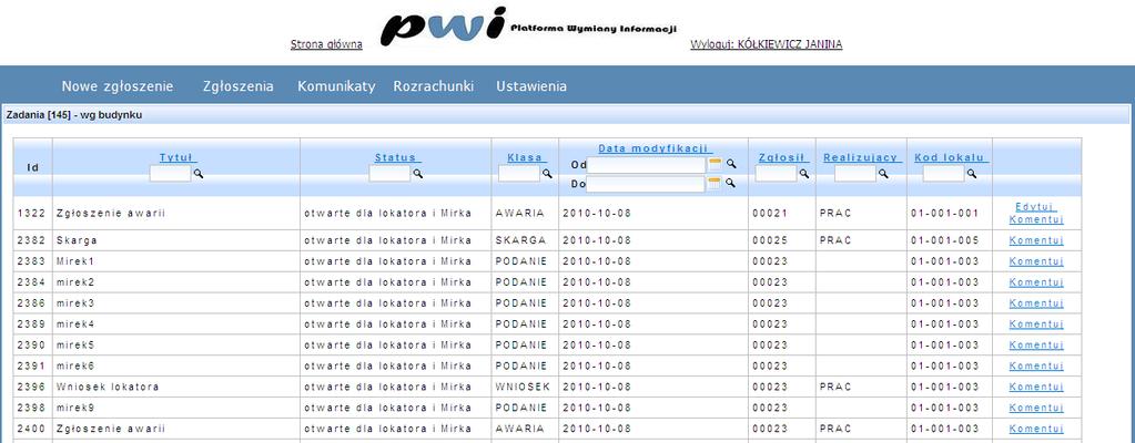 Widok ekranu podczas edycji stanu liczników przedstawiony jest na poniższym zrzucie ekranu: Rysunek 40 Stany liczników 7. Zgłoszenia a.