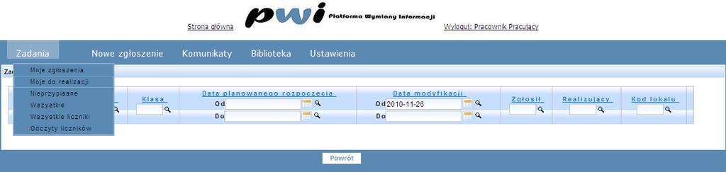 lokatora Po zalogowaniu się w systemie użytkownika jako użytkownik pracownik