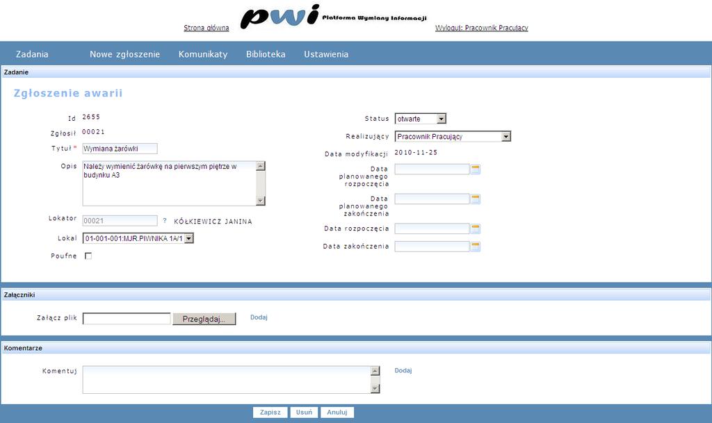 Po wybraniu opcji Moje do realizacji, system wyświetlił zadania niezrealizowane, które mają być wykonane przez pracownika (aktualnie zalogowanego w systemie).