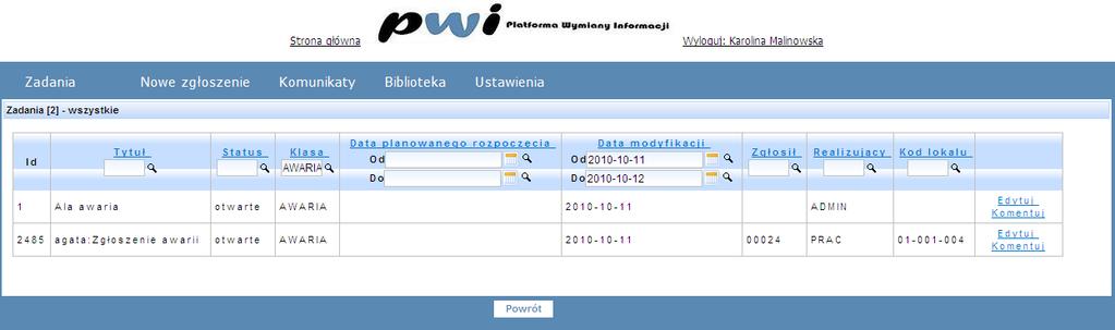 Rysunek 11 Filtrowanie danych c. Pola obligatoryjne Pola obligatoryjne podczas wprowadzania zadań w systemie oznaczone są czerwoną gwiazdką przy nazwie pola.