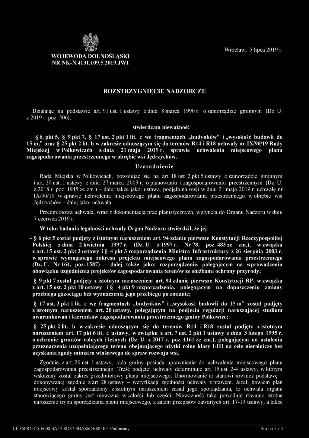 b w zakresie odnoszącym się do terenów R14 i R18 uchwały nr IX/90/19 Rady Miejskiej w Polkowicach z dnia 21 maja 2019 r.