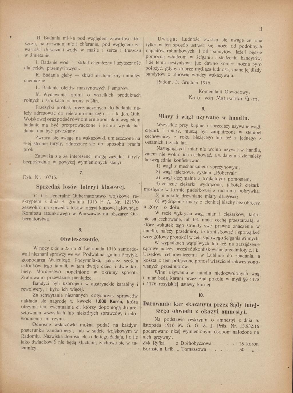 H. Badania mleka pod względem zawartości tłuszczu, na rozwadnianie i zbieranie, pod względem zawartości tłuszczu i wody w maśle i serze i tłuszczu w śmietanie. I.
