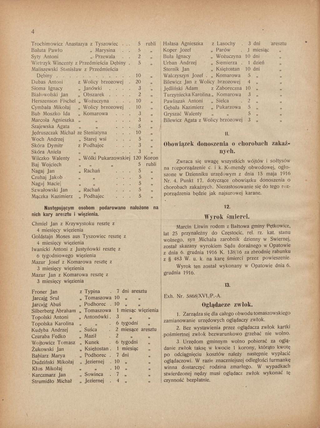 Trochimowicz Anastazya z Tyszowiec.. 5 rubli Bałuta Pawło Marysina.. 5 99 Syty Antoni Przewala.. 2 99 Wietrzyk Wincenty z Przedmieścia Dębiny. 5 99 Maliszewski Stanisław z Przedmieścia Dębiny.