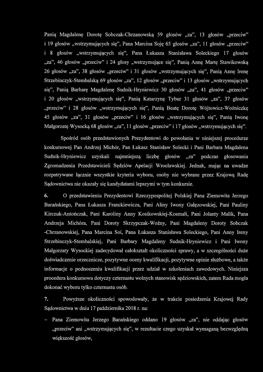 Irenę Strzebinczyk-Stembalską 69 głosów za, 12 głosów przeciw i 13 głosów wstrzymujących się, Panią Barbarę Magdalenę Sudnik-Hryniewicz 30 głosów za, 41 głosów przeciw i 20 głosów wstrzymujących się,