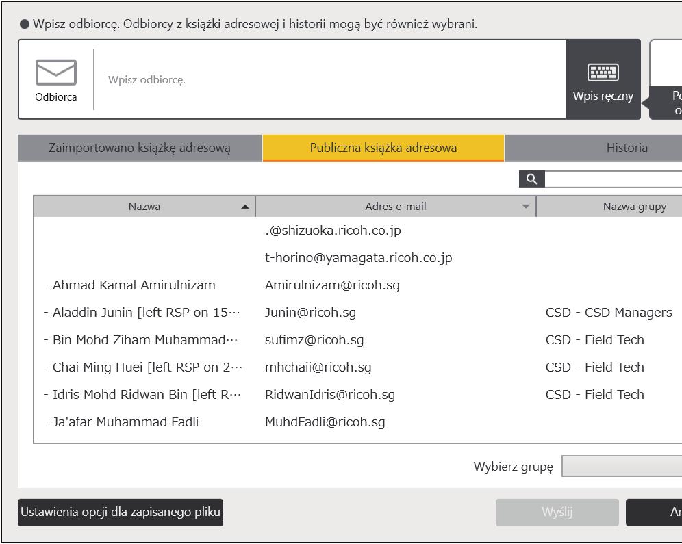 2. Używanie tablicy interaktywnej Wybierz z publicznej książki adresowej 1. Wybierz adres e-mail odbiorcy, do którego chcesz wysłać strony z karty [Publiczna książka adresowa]. Po dotknięciu dotykowa.