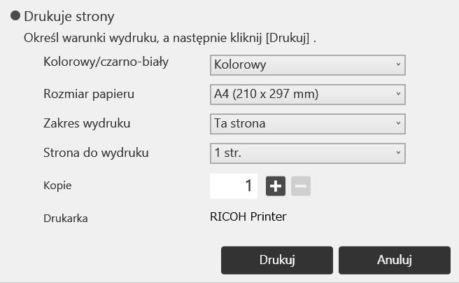 Obsługiwanie pliku 2. Dotknij ikonę [Drukuj]. PL DTW477 Pojawia się okno określenia warunków drukowania. 3. Określ opcje drukowania.