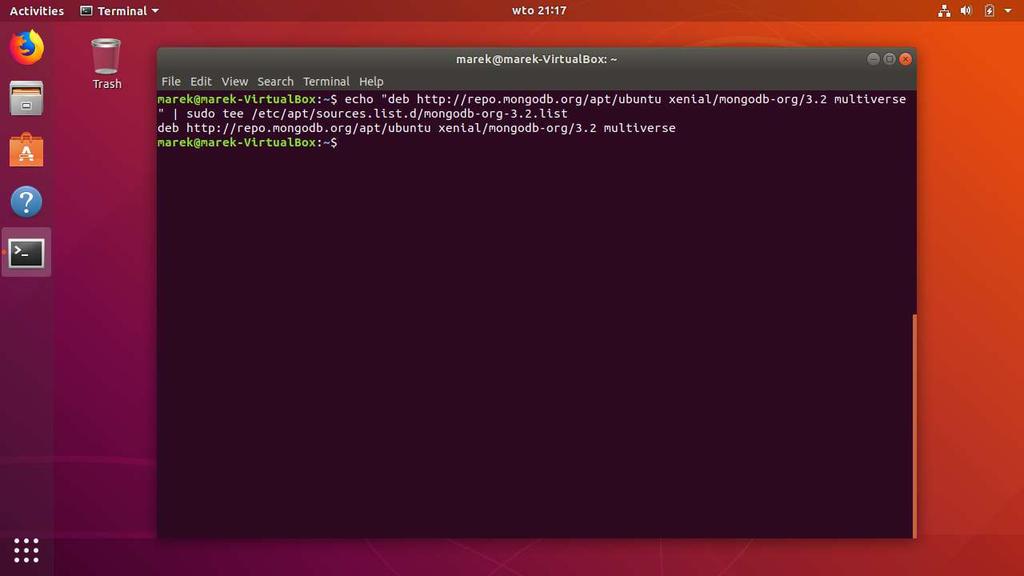 MongoDB Następnie wykonaj komendę echo "deb [ arch=amd64 ] https://repo.mongodb.