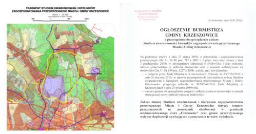 POSZERZENIE EKSPLOATACJI Zmiana Studium uwarunkowań i kierunków zagospodarowania przestrzennego Miasta i Gminy Krzeszowice (6 miesięcy) termin ogłoszenia 30.01.2012 r.