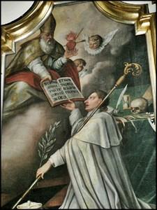 powtórzenie tejże kompozycji z datą 1759 r. i literami ksieni Petroneli Poniatowskiej; rokokowy z datą 1778 r. i h. Odrowąż w kartuszu; z 1892 r., sygn. Antoni Gramatyka; z 1959 r., sygn. Kasper Pochwalski; Wizja bł.
