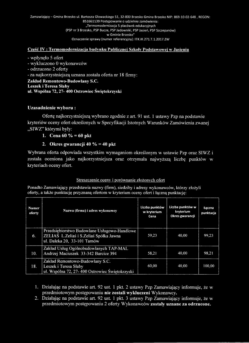 - wpłynęło 5 ofert - odrzucono 2 oferty - za najkorzystniejszą uznana została oferta nr 18 firmy: ul.
