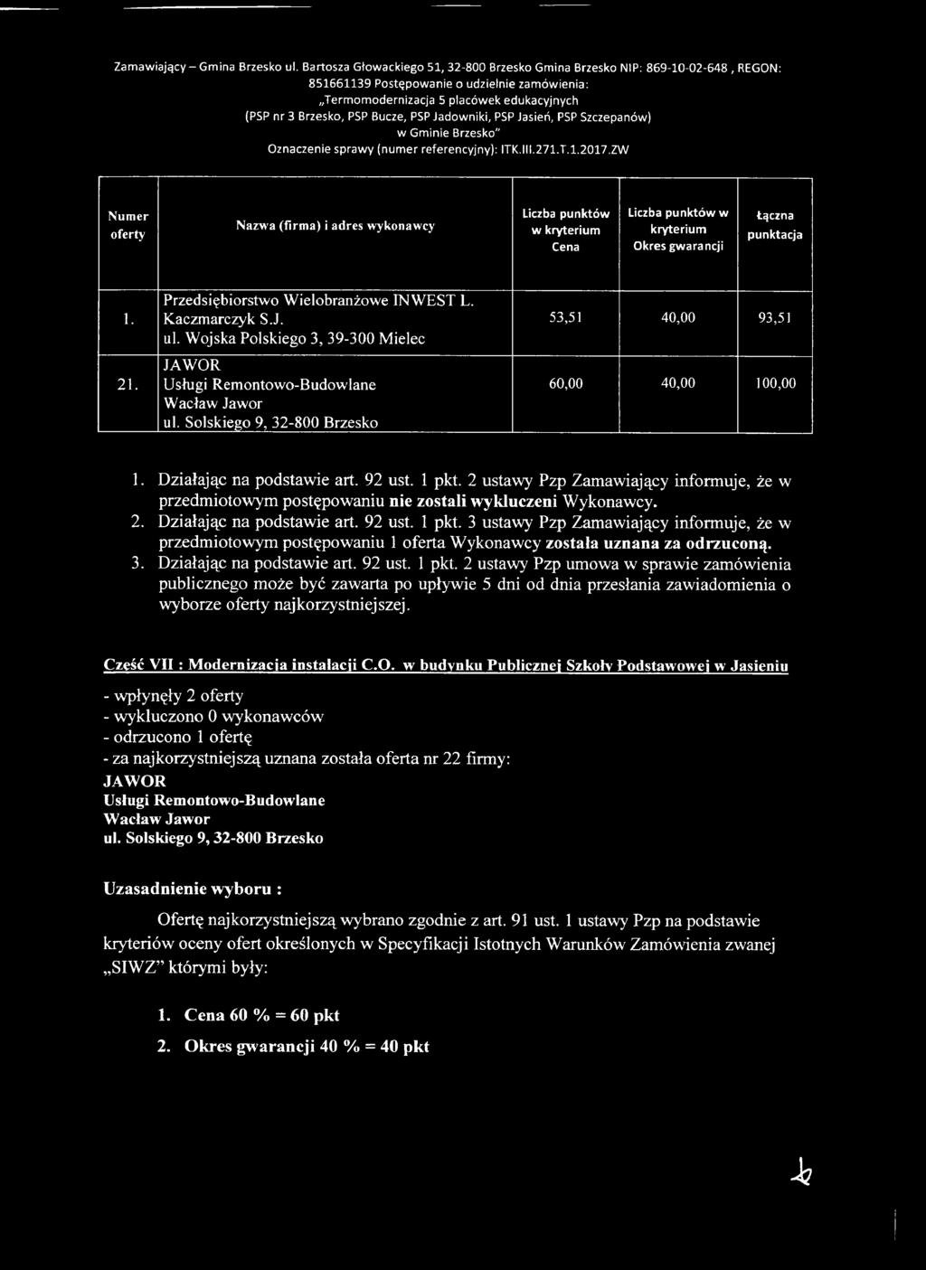 Solskiego 9, 32-800 Brzesko 53,51 40,00 93,51 przedmiotowym postępowaniu 1 oferta Wykonawcy została uznana za odrzuconą. Część VII : Modernizacja instalacji C.O.