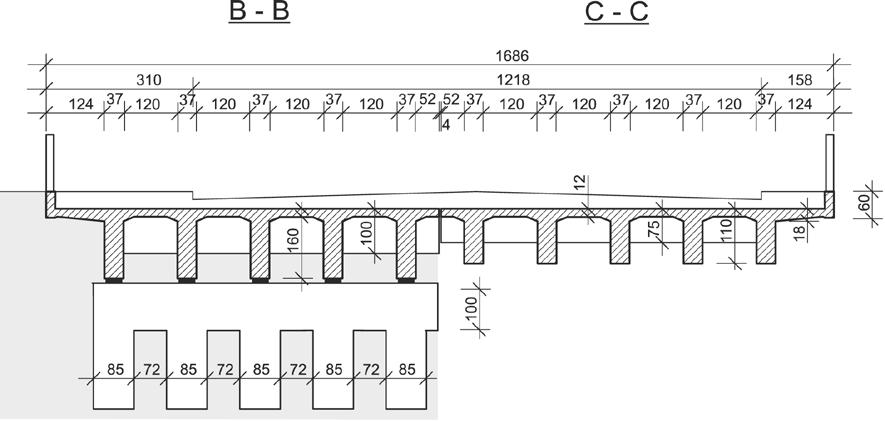 52 Rys. 5. Przekrój poprzeczny B-B oraz przekrój poprzeczny C-C Fig. 5. Cross-section B-B and C-C Przęsło wiaduktu wykonano jako monolityczne, płytowo-żebrowe.