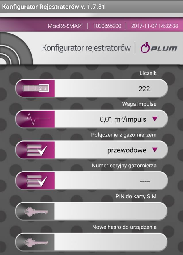 Główne okno programu po uruchomieniu pokazuje najistotniejsze parametry konfiguracyjne niezbędne do poprawnej pracy urządzenia w konkretnym punkcie pomiarowym.