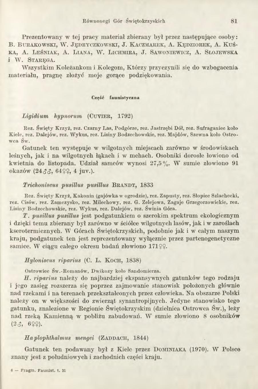 Równonogi Gór Świętokrzyskich 81 Prezentowany w tej pracy materiał zbierany był przez następujące osoby: B. B u r a k o w sk i, W. J ę d r y c z k o w sk i, J. K aczm arek, A. K ę d z io r e k, A.