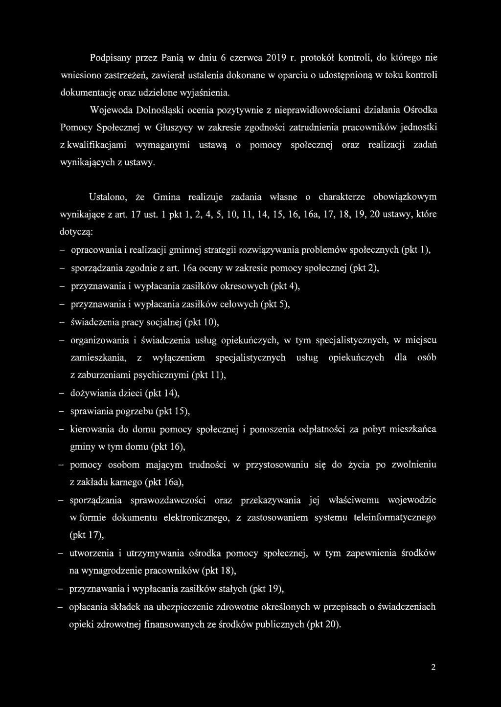 Wojewoda Dolnośląski ocenia pozytywnie z nieprawidłowościami działania Ośrodka Pomocy Społecznej w Głuszycy w zakresie zgodności zatrudnienia pracowników jednostki z kwalifikacjami wymaganymi ustawą