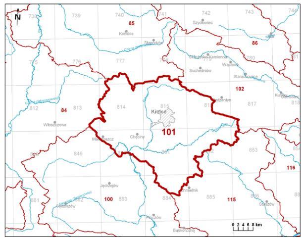 Rys nr 3. Lokalizacja JCWPd 101 (kod PLGW2000101) Źródło: Karta informacyjna JCWPd 101, www.pig.gov.pl Na terenie Gminy Chęciny znajduje się kilka ujęć wody pitnej.