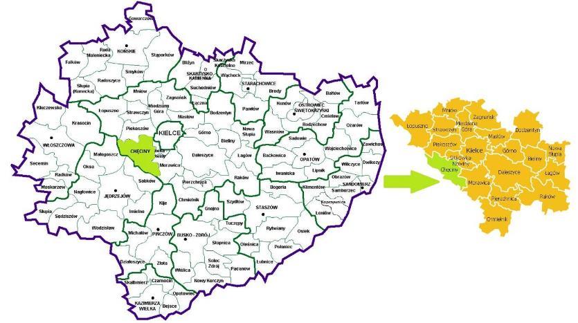 2.2. Położenie i powierzchnia Gmina Chęciny położona jest w województwie świętokrzyskim, w południowozachodniej części obszaru powiatu kieleckiego (rys. nr 1).