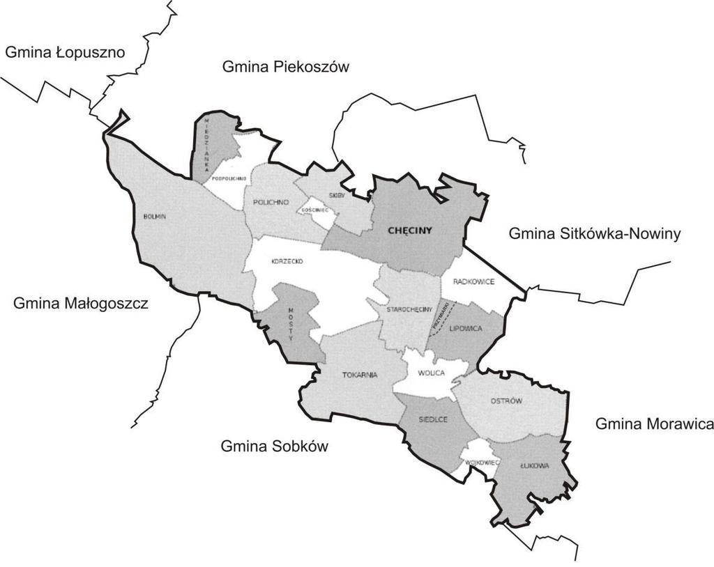 W skład gminy wchodzi miasto Chęciny (osiedla: Chęciny i Osiedle Północ, Czerwona Góra, Osiedle Sosnówka, Sitkówka, Zelejowa) oraz 18 sołectw (Bolmin, Gościniec, Korzecko, Lipowica, Łukowa,