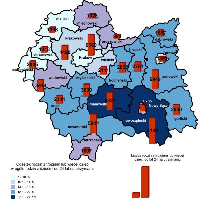 Mapa 3: Rodziny 3+ w Małopolsce według powiatów, NSP 2011 POLSKA: 626,8 tys. 11,5% MAŁOPOLSKA: 69,7 tys.