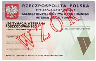 Wzór nr 60 do 22 WZÓR LEGITYMACJI WETERANA POSZKODOWANEGO-FUNKCJONARIUSZA AGENCJI BEZPIECZEŃSTWA WEWNĘTRZNEGO Opis: Legitymacja pozioma, w postaci karty o wymiarach 54 mm x 86 mm, wykonana na