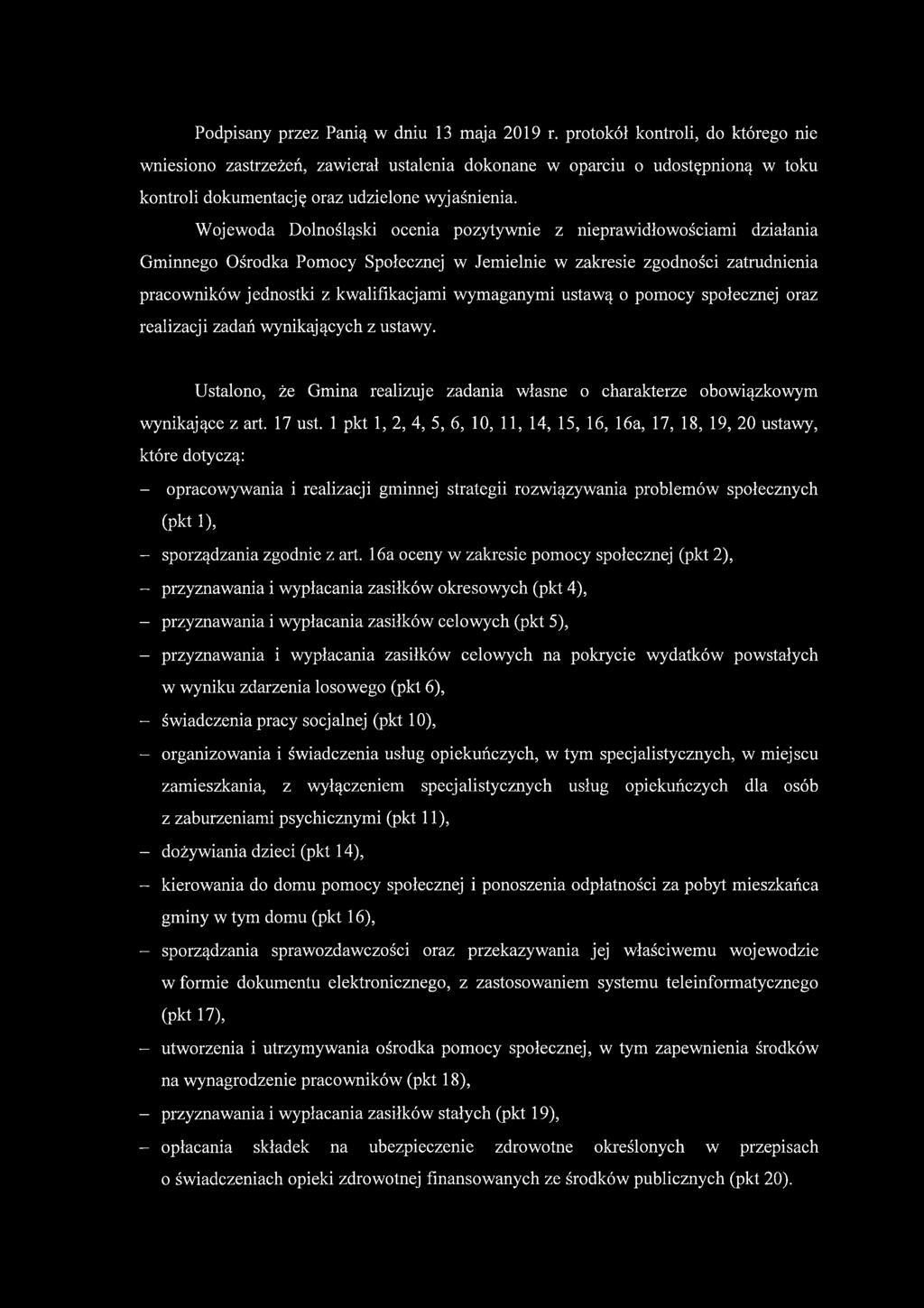 Wojewoda Dolnośląski ocenia pozytywnie z nieprawidłowościami działania Gminnego Ośrodka Pomocy Społecznej w Jemielnie w zakresie zgodności zatrudnienia pracowników jednostki z kwalifikacjami