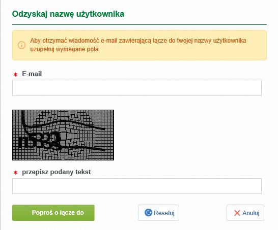 2.3 Logowanie (V) odzyskiwanie nazwy użytkownika Proszę wprowadzić adres e-mail, który podali Państwo podczas rejestracji oraz kod uwierzytelniający w pole tekstowe.