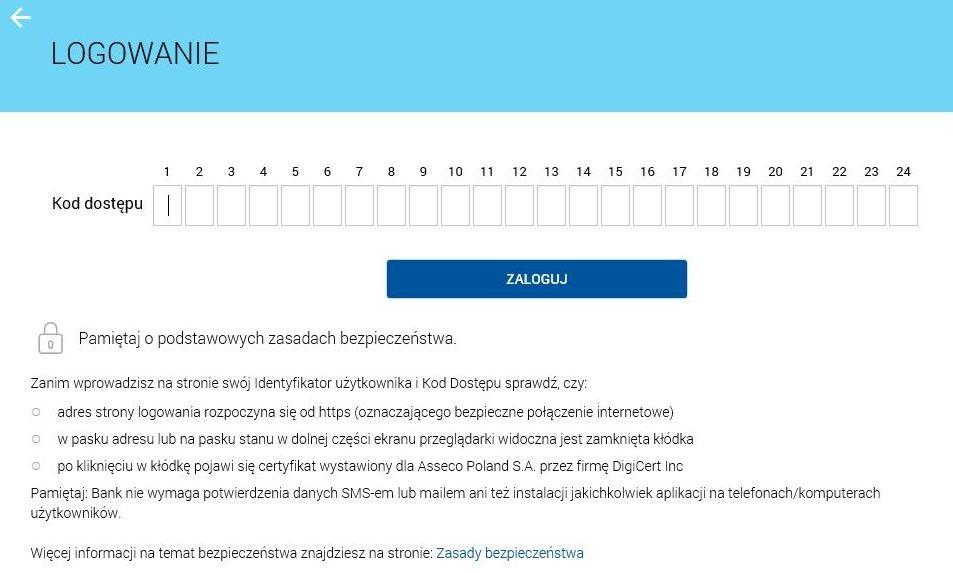 Po naciśnięciu DALEJ w polu Kod dostępu (zdjęcie poniżej) należy podać tylko kolejne znaki hasła tymczasowego przekazanego w kopercie przez Bank.