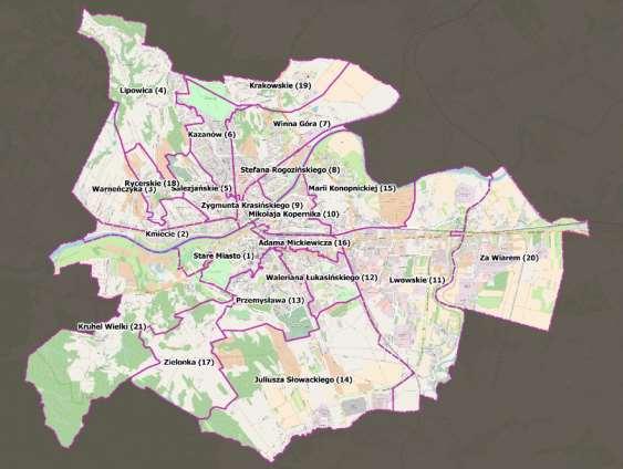 granicach 21 osiedli (jednostek pomocniczych) określonych w Uchwale Nr 55/100 Rady Miejskiej w Przemyślu z dnia 31 marca 2011 r. w sprawie podziału miasta Przemyśla na osiedla 1. Mapa 1.