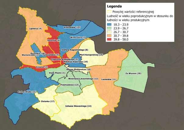Pozostałe osiedla posiadały wartość niższą od wartości referencyjnych, a najmłodszymi demograficznie osiedlami były: Osiedle Krakowskie (18,32%) oraz Osiedle Rycerskie (20,29%). Mapa 4.