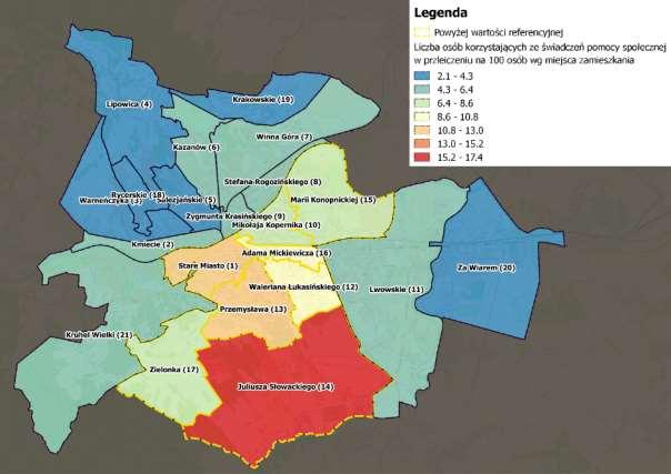 Mapa 8. Prezentacja przestrzenna wskaźnika: Liczba osób korzystających ze świadczeń pomocy społecznej w przeliczeniu na 100 osób wg miejsca zamieszkania[2014 r.].