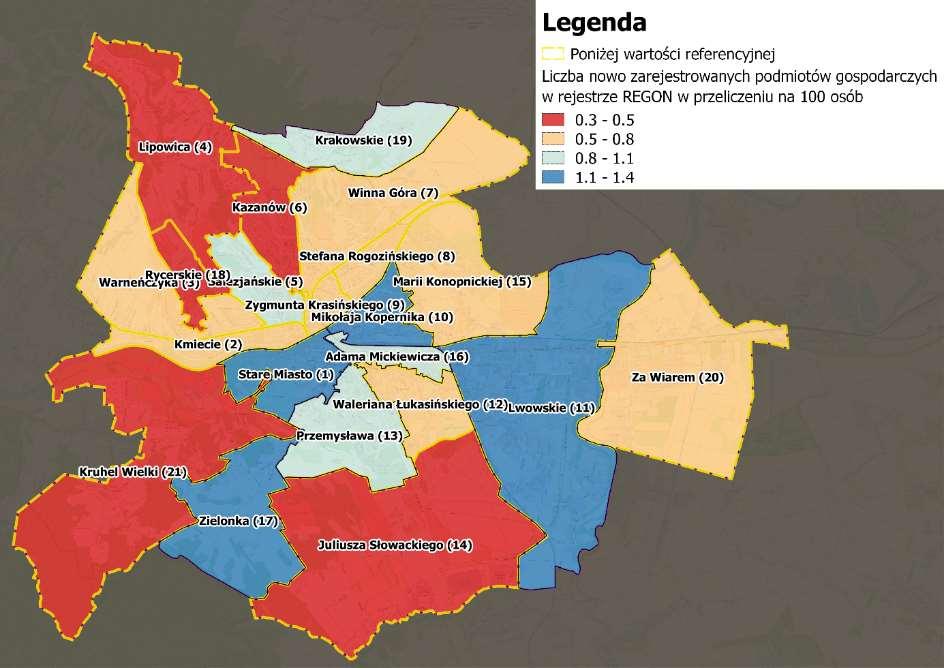 Liczba nowo zarejestrowanych podmiotów gospodarczych w rejestrze REGON w przeliczeniu na 100 osób wg faktycznego miejsca zamieszkania obszar miejski; Wskaźnik liczby nowo zarejestrowanych podmiotów