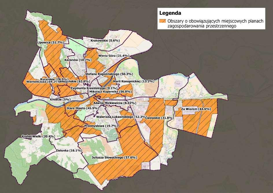 Mapa 14.Pokrycie osiedli miejscowymi planami zagospodarowania przestrzennego w nawiasie udział powierzchni obszaru, na której obowiązują mpzp w powierzchni osiedla ogółem.