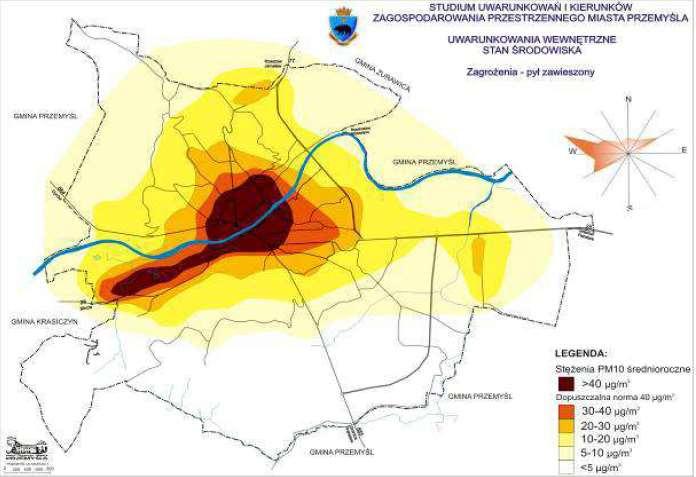 skórę, oczy, układ krążenia. W Przemyślu stężenia PM10 regularnie przekraczają dopuszczalne normy, zwłaszcza w porze jesienno-zimowej. Liczba przekroczeń średniodobowych 20 wyniosła w okresie 1.01-19.