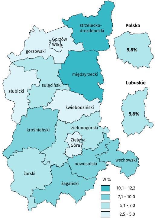 Wykres 1. Liczba bezrobotnych i stopa bezrobocia rejestrowanego Źródło: Komunikat o sytuacji społeczno-gospodarczej województwa lubuskiego Grudzień 2018 r.