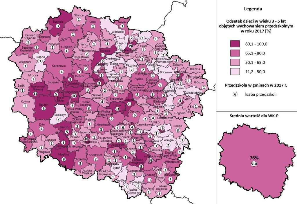 Ryc. 6. Odsetek dzieci w gminach województwa kujawsko-pomorskiego w wieku 3-5 lat objętych wychowaniem przedszkolnym w r. (%) oraz liczba przedszkoli w gminach w r.