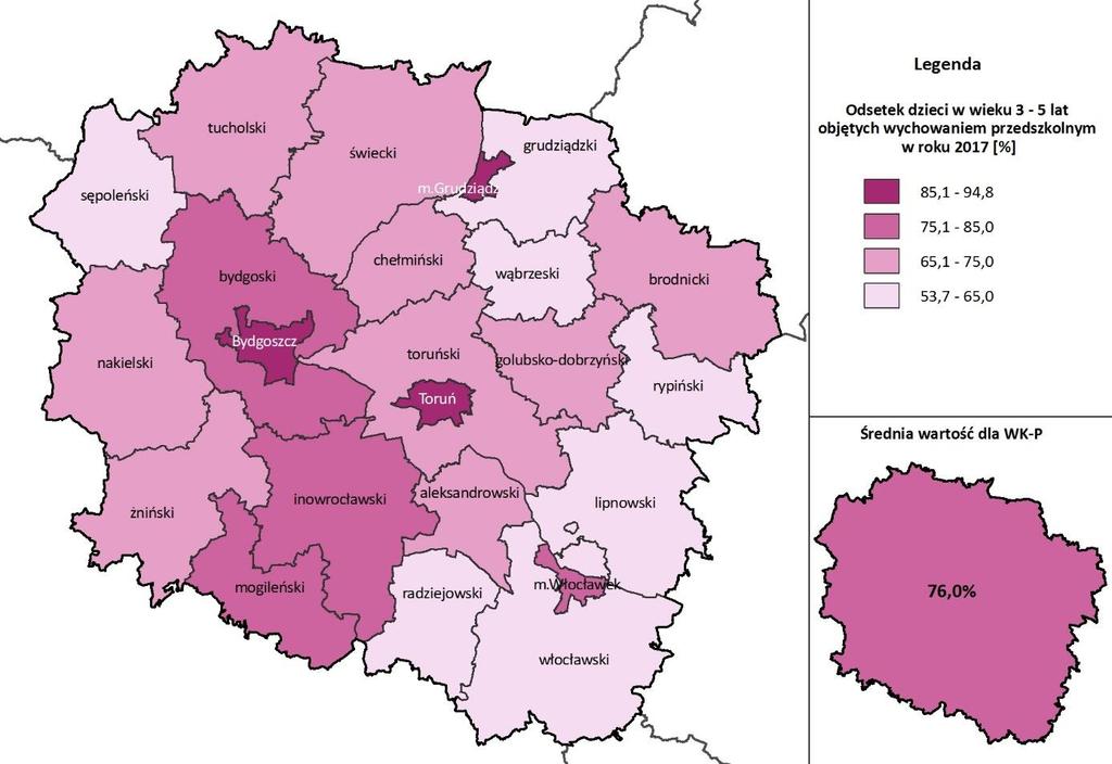 odsetek dzieci w wieku 3-5 lat objętych wychowaniem przedszkolnym Ogółem w miastach na wsi 2013 2014 2015 2016 2013 2014 2015 2016 2013 2014 2015 2016 [%] [%] [%] POLSKA 74,1 79,4 84,2 81,1 84,7 87,6
