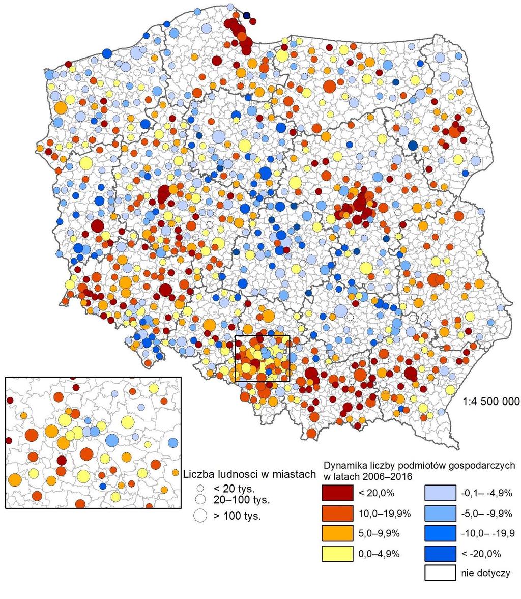 Delimitacja miast kurczących się Wymiar demograficzny Spadek liczby mieszkańców w latach 2002 2017 (%) Wymiar gospodarczy Spadek liczby podmiotów gospodarczych w latach 2002 2017 (%) Liczba nowych