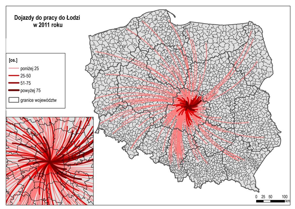 Liczba dojeżdżających do pracy do Łodzi na 1000 osób w wieku