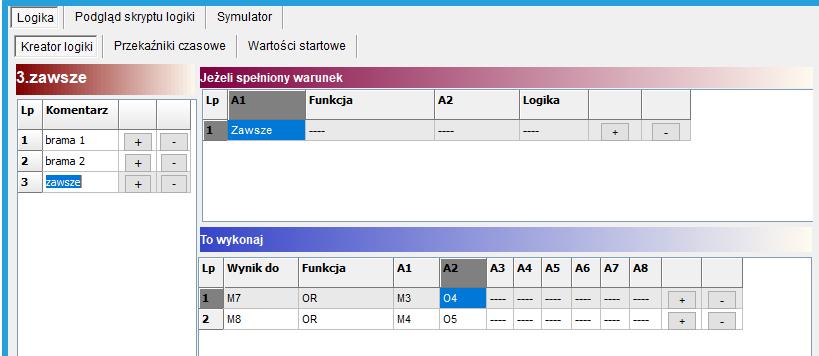 Sterowanie flagami pomocniczymi M7 i M8 za pomocą poprzednio utworzonych warunków (M3 i M4) oraz po wykryciu