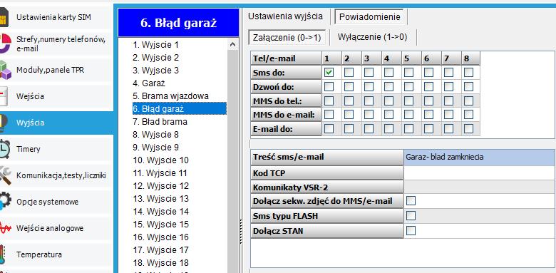 Powiadomienie o błędzie zamknięcia bramy ustawiamy w powiadomieniach o zmianie stanu wyjść O6, O7 Uwagi.