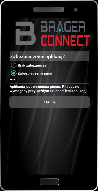 Jeśli wybrana zostanie opcja Brak zabezpieczeń aplikacja uruchamiana będzie bez konieczności podawania pinu.