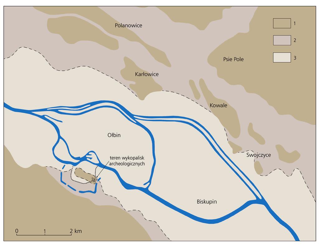 Ryc. 2. Szkic geomorfologiczny dna doliny Odry we Wrocławiu w interpretacji H. Chmala et al.