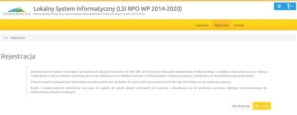Akceptacja ta jest niezbędna do zarejestrowania konta w Systemie. Po akceptacji wyświetlony zostaje formularz rejestracyjny.