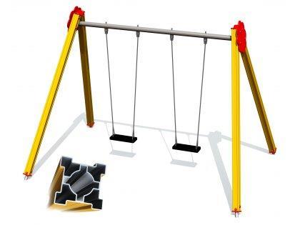 HUŚTAWKA PODWÓJNA /konfiguracja siedzisk dowolna/ KONSTRUKCJA ALUMINIOWA DANE TECHNICZNE: Gabaryty urządzenia: 3,60m x 2,52m Strefa funkcjonowania: 3,60m x 7,80m Wysokość upadkowa: 1,35m Głębokość