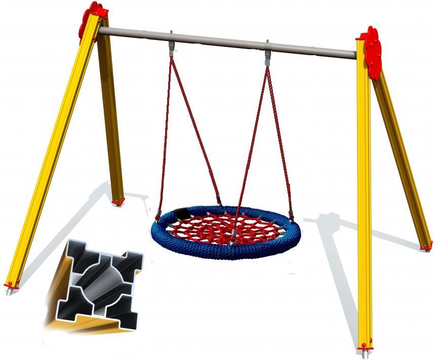 HUŚTAWKA /z siedziskiem BOCIANIE GNIAZDO/ KONSTRUKCJA ALUMINIOWA DANE TECHNICZNE: Gabaryty urządzenia: 3,60m x 2,52m Strefa funkcjonowania: 3,60m x 7,80m Wysokość upadkowa: 1,35m Głębokość