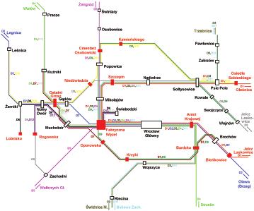 2. Schemat koncepcji wrocławskiej szybkiej kolei miejskiej według [7] S1-S8 planowane linie kolei miejskiej, stacje i przystanki istniejące, przystanki projektowane. 3.